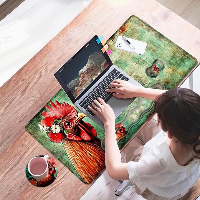 Mouse PadLarge Desk Mat Set 4in1 XL Mousepad + Keyboard Wrist Rest+Mouse Wrist Rest+Coaster with Ergonomic Desk Pad for Home Office Table Computer Cover -Flower Crown Rooster