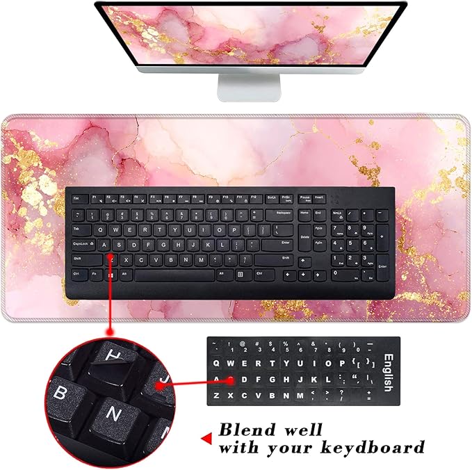 Keyboard Wrist Rest and Mouse Pad with Wrist Support Set Ergonomic CoasterMemory FoamEasy Typing Pain ReliefLarge XL Desk Mat 31.5x 11.8Pink Gold Marble