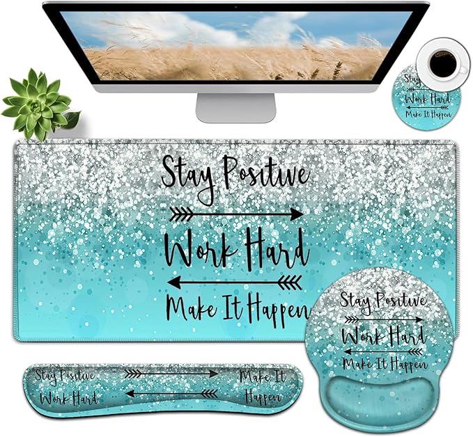 Large Mouse Pad Ergonomic Mouse Pad with Wrist Rest and Keyboard Wrist Rest 4 in 1 Set 31.5 x11.8 inch Extended Desk Pad for Home Office Work Hard Inspirational Blue Gradient XXL Gaming Mouse Mat