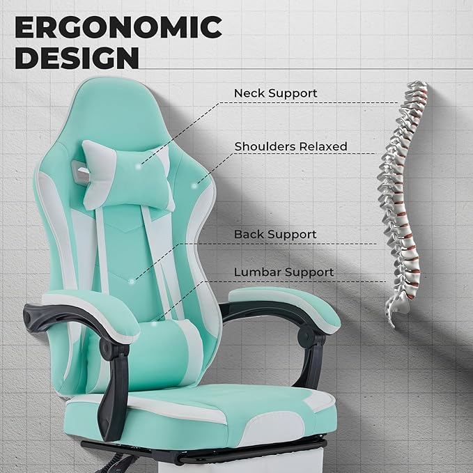 Leather Ergonomic Gaming Chair with Footrest Cute Green Gaming Chair with Comfortable Headrest &amp Lumbar Support for Adults Women Girls Comfy 300 LBS Capacity (Green)