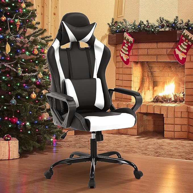 BLKMTY Gaming Chair Video Game Ergonomic Office Racing Computer PU Leather Chair - High Back Executive Task with Lumbar Support Headrest Swivel Chairs White