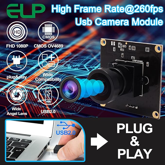 ELP USB Camera with 2.9mm Wide Angle Lens - 1080P Webcam 260FPS@360P 120FPS@720P 60FPS@1080P - Windows Mac Linux Android