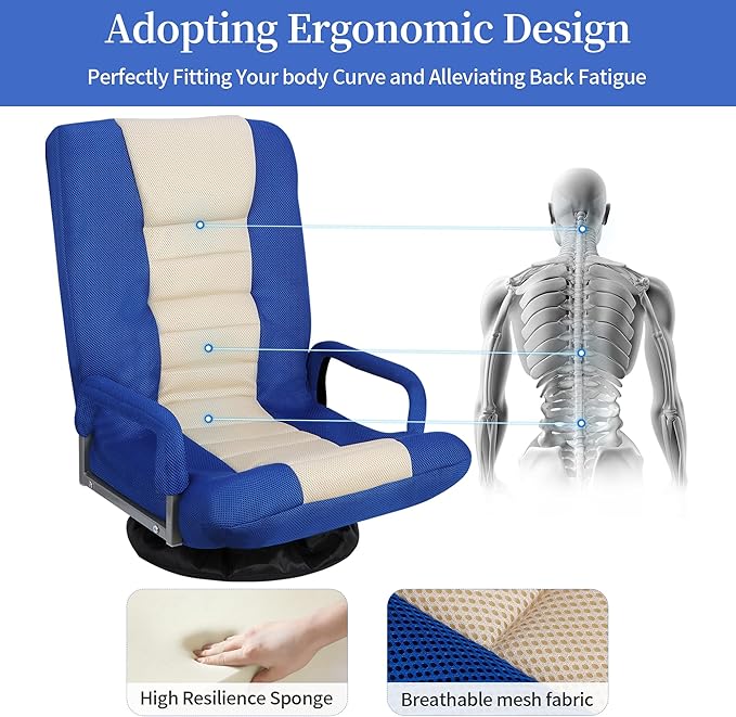 JupiterForce Floor Gaming Chair 360 Degree Swivel 5 Position Adjustable Folding Rocker Gaming Chair w/Armres&ampBack Support Lazy Sofa Chair for Playing Video Games Watching Reading