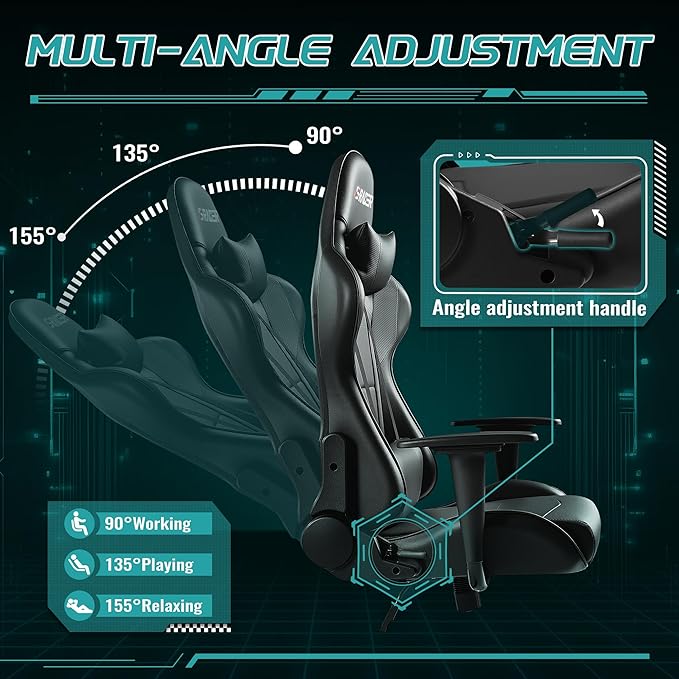 Furniwell Gaming Chair Racing Computer Chair Office Desk Chair Adjustable Swivel High Back Carbon Fiber Style Leather Executive Ergonomic Chair with Headrest and Lumbar Support (Black)