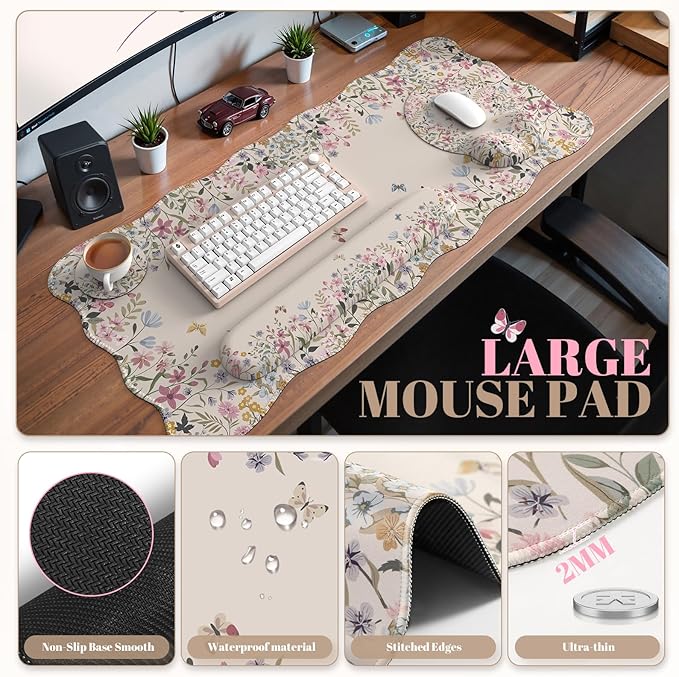 iCasso Desk Mat SetLarge Mouse Pad with Wrist RestErgonomic Keyboard Wrist Support for WomenGirly Floral Computer Mat with Scalloped EdgesNon-Slip Desk Pad Home Office Gaming (Beige)