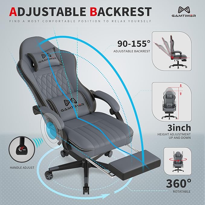 Gaming Chair with Footrest Ergonomic Computer Chair PU Breathable Material with Headrest and Lumbar Support Suitable for Silla Gamer and Adults（Grey
