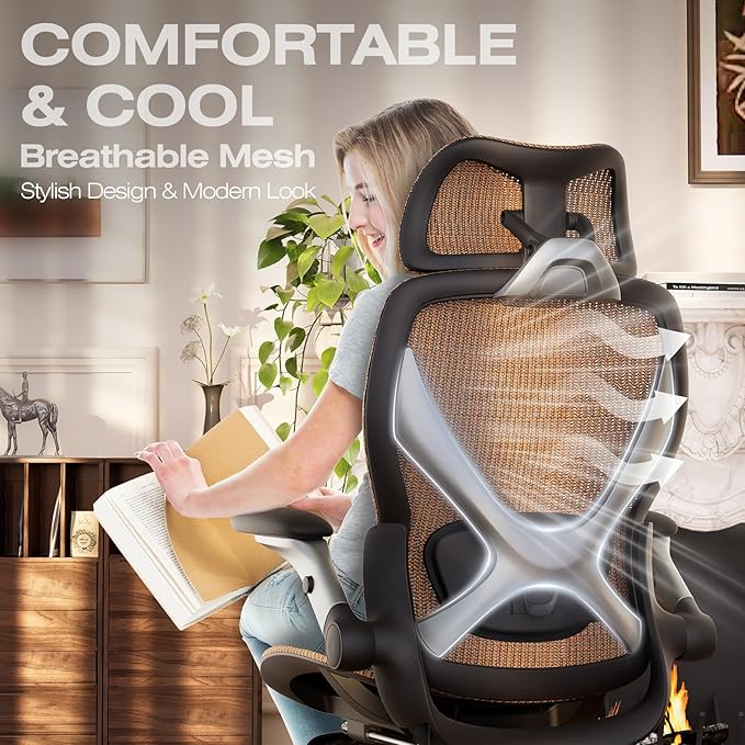 ELABEST X100 Ergonomic Office Chair with Footrest Big and Tall Home Desk Chair with 5D Flip-Up Arms Adjustable 3D Lumbar SupportHigh Back Rolling Computer Chair Swivel Mesh Chairs