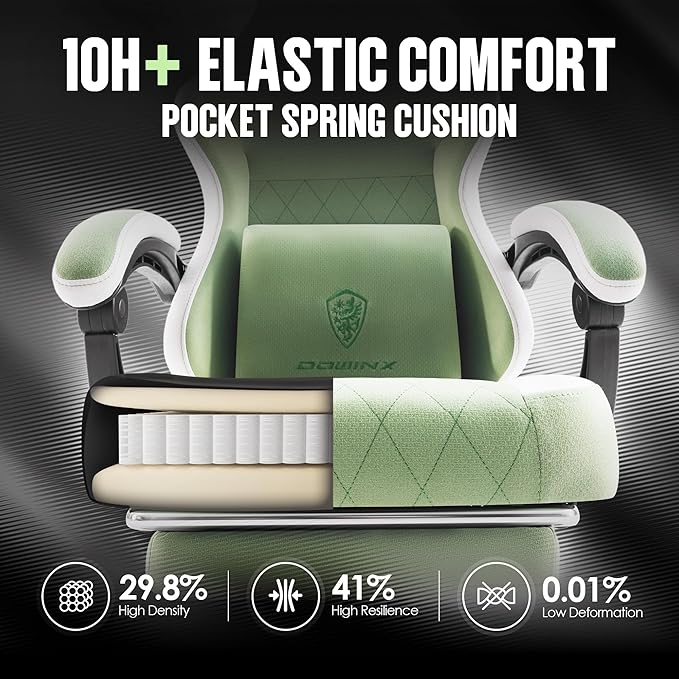 Dowinx Gaming Chair Fabric with Pocket Spring Cushion High Back Ergonomic Computer Chair with Footrest for Adults Massage Lumbar Support Swivel Game Chair for Office Gaming 300LBS Green