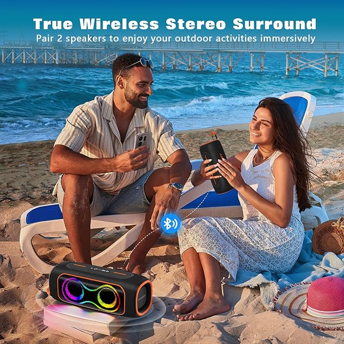 Musibaby 80W Bluetooth Speaker Loud Portable Speaker with Deep Bass Waterproof Outdoor Speaker with RGB Lights for Camping Beach &amp Party 24H Playtime BT5.3 Dual Pairing