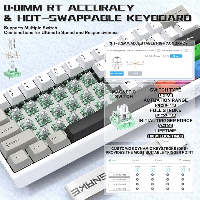 MAMBASNAKE X60 HE 60% Rapid Trigger Wireless Gaming KeyboardHall Effect Magnetic SwitchesAdjustable Actuation0.1ms Ultra-Low Latency 8KHz Polling Rate3-Mode RGB8 Color PBT Keycaps-Star White