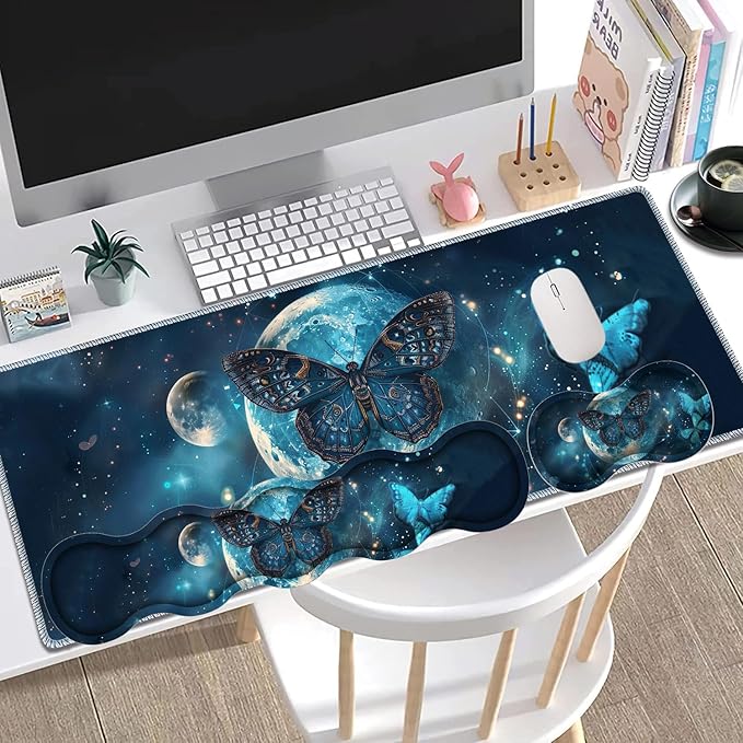 Large Gaming Mouse Pad + Keyboard Wrist Rest + Wrist Support + Coaster Set Memory Foam Ergonomic for Easy Typing XXL Extended Gaming Mouse Pad Table Pad - Selenophora Sibirica