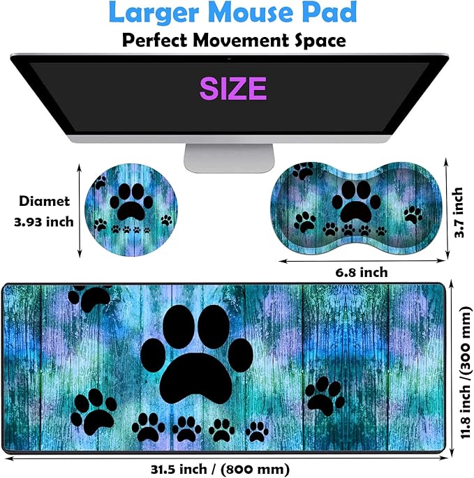 3 Piece Mouse Pad Set with Stitched Edge Large Anti-Slip Mouse Pad Desk Pad Keyboard Pad + Wrist Rest Pad + Coaster Memory Foam Wrist Rest for Office/Home -Antique Blue Wood Grain Dog Paw