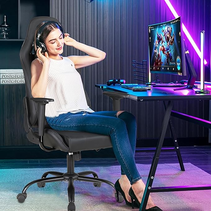 PayLessHere Gaming Chair Ergonomic Office Chair with Lumbar Support Headrest Armrests Rolling Swivel Functionality and Adjustable Features for PC Gamer (Black)