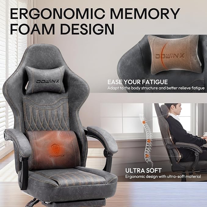 Dowinx Gaming Chair Breathable PU Leather Gamer Chair with Footrest Massage Lumbar Support Big and Tall Ergonomic Reclining Computer Chair with Pocket Spring Cushion for Adults Teens (Grey)