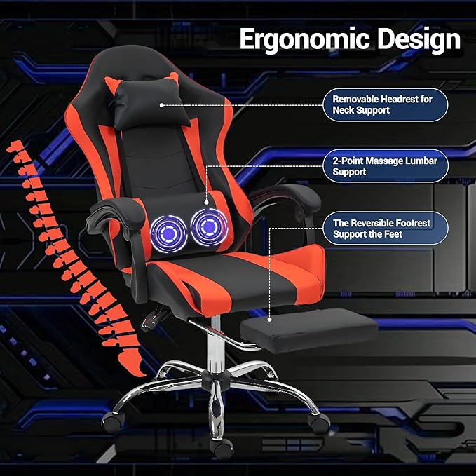 Massage Gaming Chair with FootrestErgonomic Video Game Chair for Adults Kids Adjustable Headrest &amp Lumbar Support 90-135° Recline 360° Swivel for Gaming Room Home Office Bedroom Red