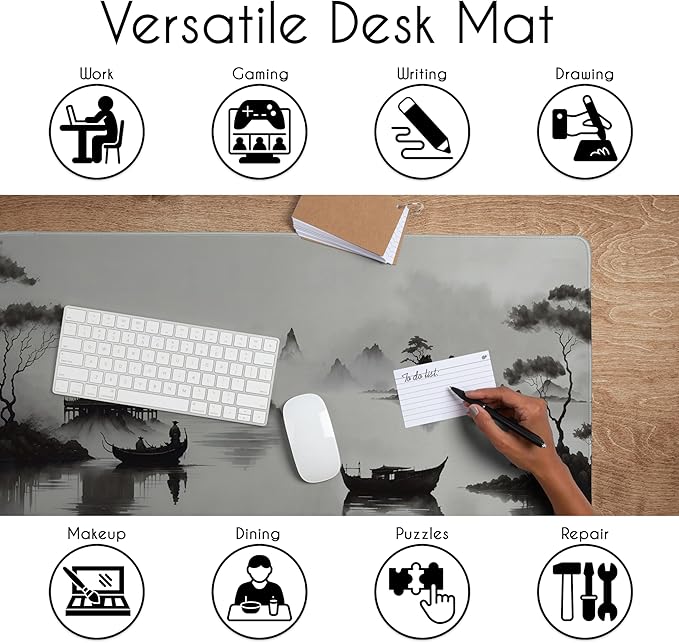 Sweet Jojo Designs Large Mouse Pad (Black and White Traditional Japanese) Desk Mat for Keyboard and Mouse Pads Gaming Mousepad Office Desk Accessories for Men &amp Women (Grey Asian Ink Wash Japa