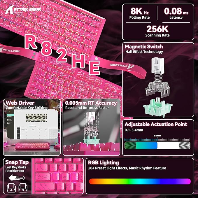 ATTACK SHARK R82HE Rapid Trigger Wired Mechanical Gaming Keyboard TKL NKRO RGB with 8K Polling0.005mm Accuracy256K Scan Rate5 Layer Sound DampedHall Effect Magnetic Switch for PC Mac(Rose Contour)