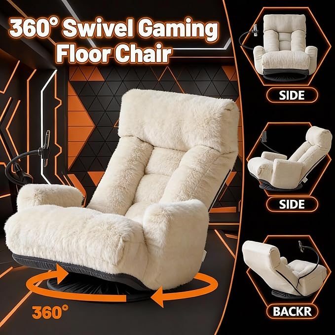 Gaming Chair Floor Sofa Gaming Lounge Chair with 14-Section Head &amp 3-Section Waist Adjustment 360° Swivel &amp Spring Seat for Gaming Napping Reading Dorm Small Apartment (Beige)