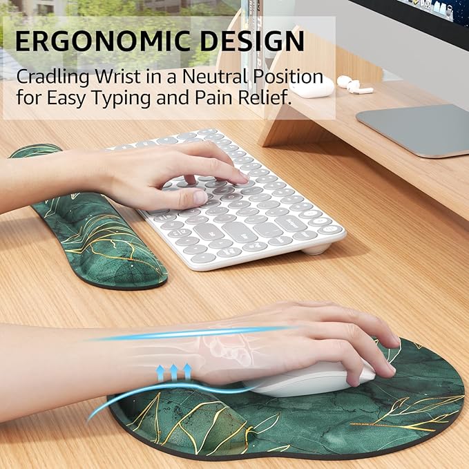 KTRIO Ergonomic Keyboard Wrist Rest Memory Foam Mouse Pad with Wrist Rest for Computer Keyboard Mouse Pad Set for Easy Typing &amp Pain Relief for Office &amp Home Green Leaves