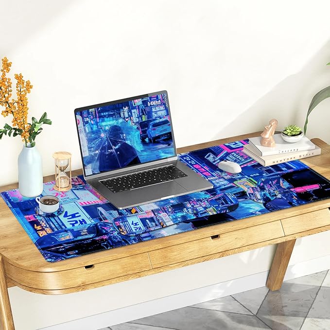 Large Gaming Mouse Pad Set 4 in 1 Extended Keyboard Desk Mat with Wrist Rest Computer Game Mousepad Non-Slip Desk Pad Protector Easy Typing Pain Relief for Home Office I Anime Neon Street