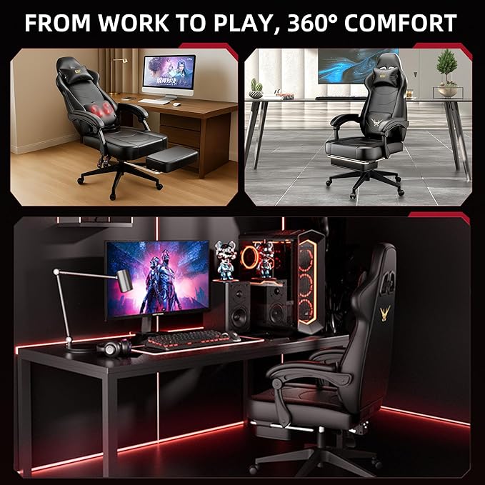 Gaming Chair Ergonomic Computer Chair with Lumbar Massage &amp Heat Video Game Chair with Silent Casters 3D Adjustable Backrest Thickened Seat PU Leather Hidden Footrest (63-77in)