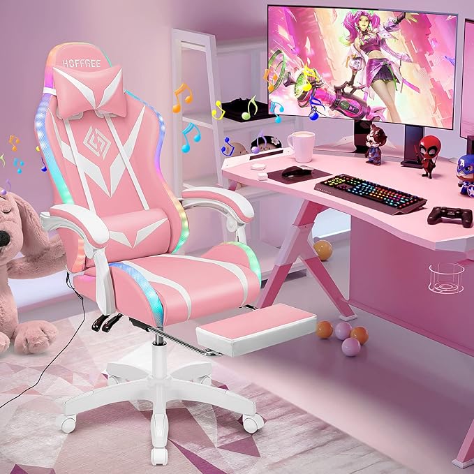 HOFFREE RGB Gaming Chair with Speakers and Massage Ergonomic Computer Chair with Lights and Footrest Reclining Video Game Chairs for Adults Pink and White