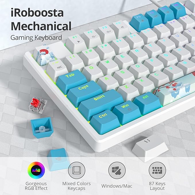 75% Mechanical Gaming Keyboard with Red Switch RGB LED Backlit Keyboard White and Blue 87 Keys Compact TKL Wired Computer Keyboard for Windows Laptop PC Gamer (87 Sea)