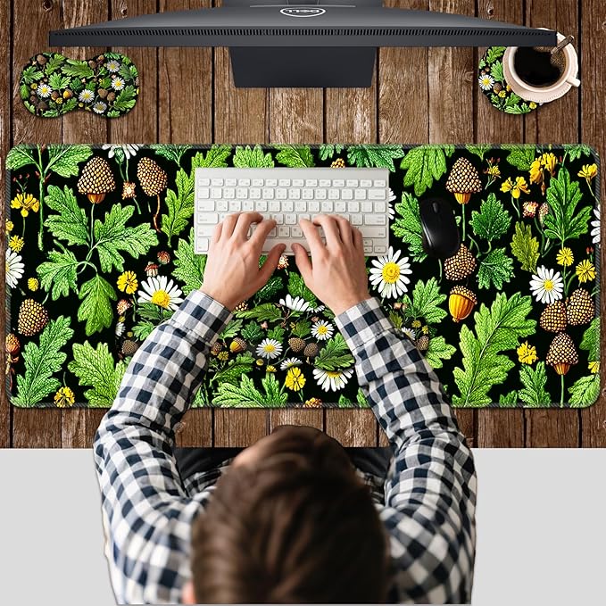 Ergonomic Keyboard Wrist Rest &amp Mouse Pad Wrist Rest SetXL Gaming Desk Mat 31.5x 11.8Non-Slip BaseMemory FoamEasy Typing Pain Relief for Office &amp HomeLeaf and Daisy Pattern