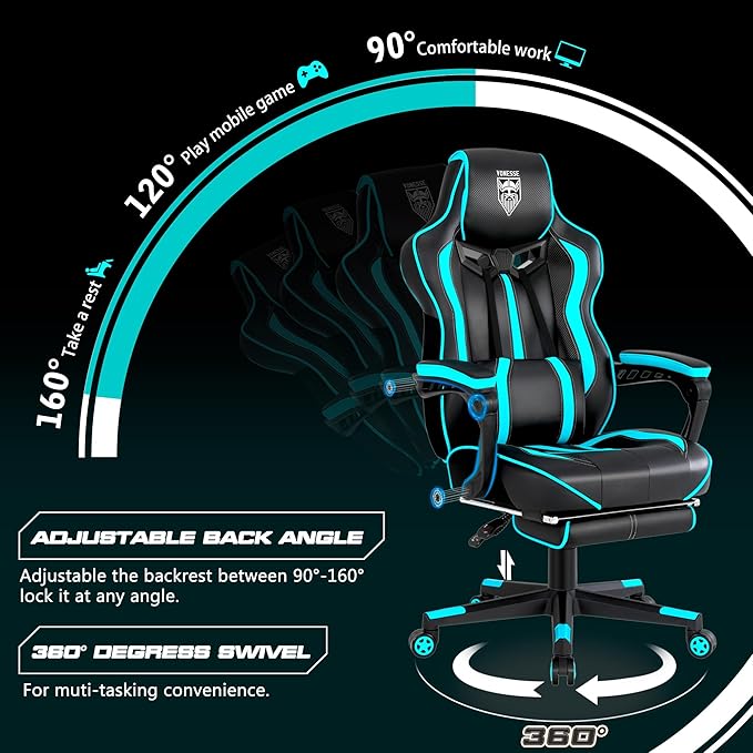 Vonesse Gaming Chairs for Adults Gaming Chairs with Footrest and Massage Reclining Computer Chair for Heavy PeopleBig and Tall Ergonomic Gamer Chair with Lumbar Pillow(Teal/Cyan)