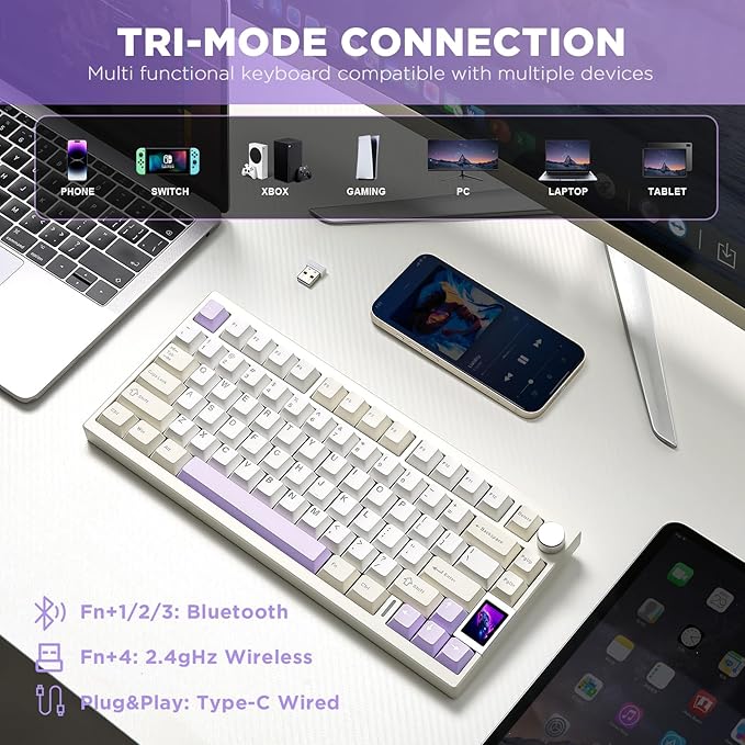 YUNZII AL80 Wireless Mechanical KeyboardFull Aluminum CNC Smart LCD DisplayHot Swappable Gasket Mount 75% Layout with KnobBT/2.4G/USB-CQMK/VIA Support for Win/Mac (Beige Gateron Zero Switch)