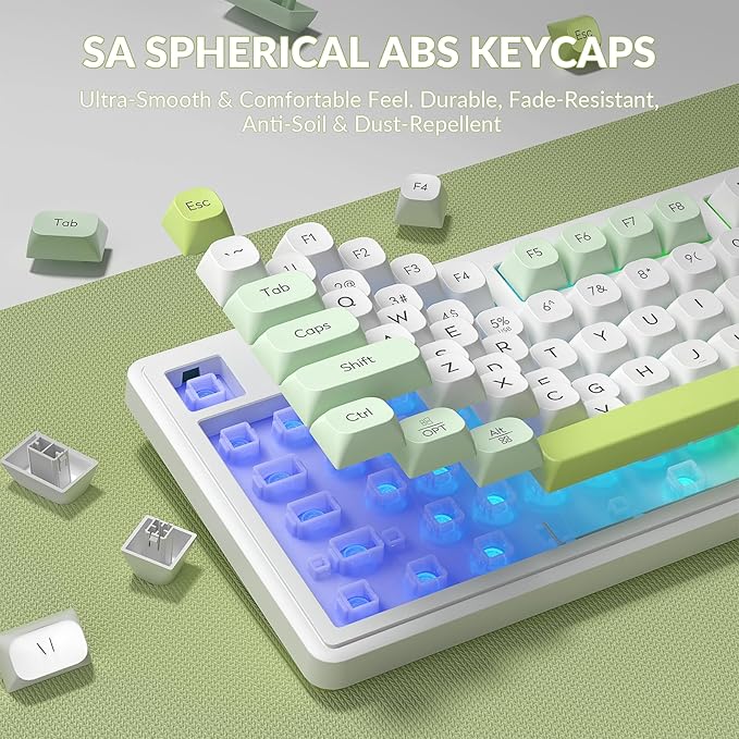 L98 Wireless Gaming Keyboard Green Cute Creamy Keyboard with Number Pad Tri-Mode BT5.0/2.4GHz/USB-C RGB Backlit Quiet Office Computer Keyboards for PC Mac Laptop (Green White)