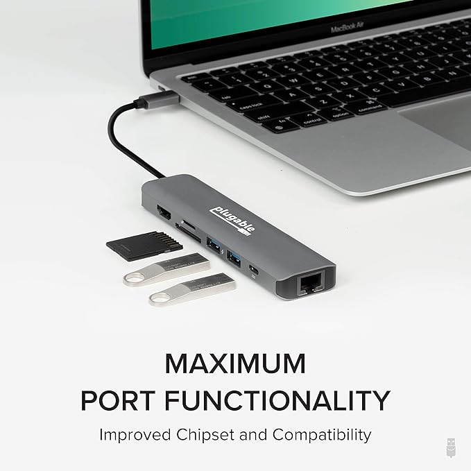 Plugable 7-in-1 USB C Hub Multiport Adapter with Ethernet Driverless Compatibility with Mac Windows iPhone 15 Chromebook USB4 Thunderbolt 100W Charging Ethernet 4K60Hz HDMI 2X USB SD/microSD