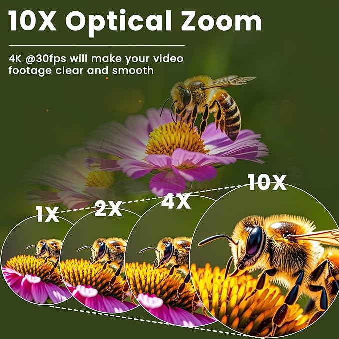 4K USB Camera - 10X Optical Zoom Ultra HD 2160P IMX415 Sensor Plug and Play for Windows Linux Mac Raspberry Pi