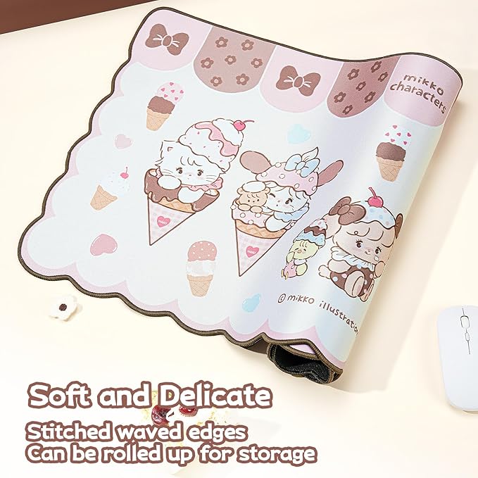 GeekShare Mouse Pad with Stitched Edge Non-Slip Rubber Base Large Gaming Mouse Pad Cute Cartoon Waved Edge Desk Mat for Gaming Home Office Work - Mikko Ice Cream