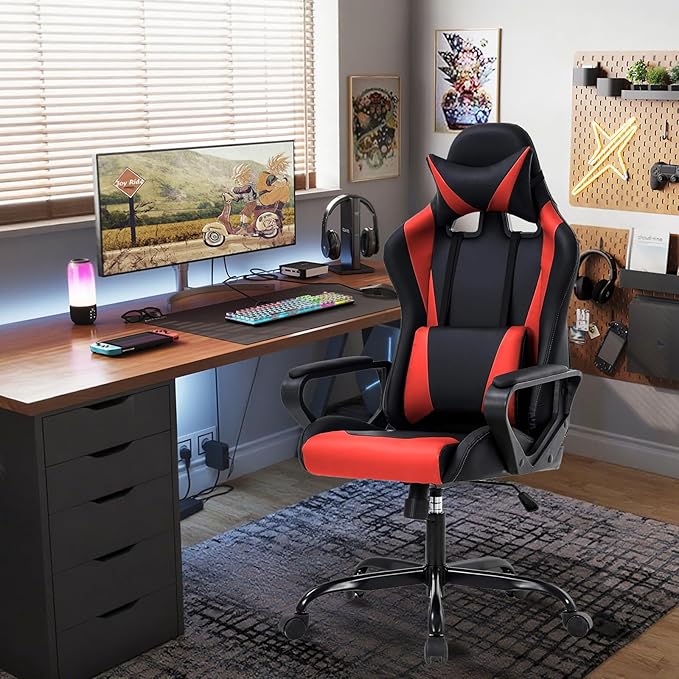 Ergonomic PU Leather Computer ChairHome Office Desk Chair with Adjustable Lumbar SupportExecutive High Back 360°Swivel Rolling Gaming Chairs for Adults(RED)