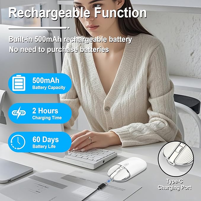 Wireless Mouse Bluetooth Cute Ultra Slim Silent Computer Mice with USB Receiver Dual-Mode 2.4G &amp Bluetooth Rechargeable Portable USB Cordless Mouse for Laptop PC Desktop Tablet Kids Adults GiftWh