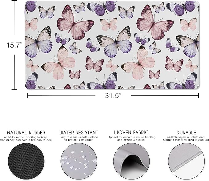 Sweet Jojo Designs Large Mouse Pad (Shabby Chic Butterfly) Desk Mat for Keyboard and Mouse Pads Gaming Mousepad Office Desk Accessories for Women (Pink &amp Purple Butterflies Watercolor Feminine