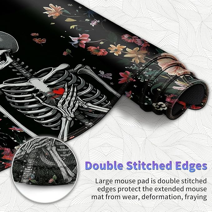 Large Mouse Pad Set Desk Mat + Elbow Rest Pad + Coaster Easy Typing Pain Relief Ergonomic Arm Rest Pad with Memory Foam Extended Desk Pad Anti-Slip Rubber Base for Office Home Floral Skull