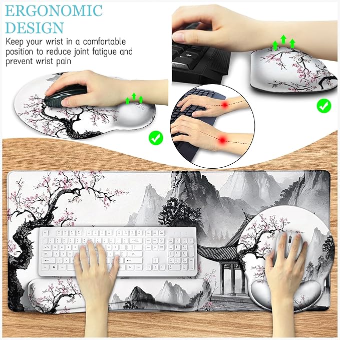 Japanese Ergonomic Mouse Pad Large Desk Mat Set XXL Anime Mousepad with Wrist Rest Wrist Support Gaming Keyboard Mat Cup Coaster Set Japanese Style Office Desk Accessories Decor