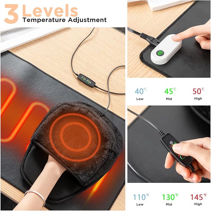 VIHOSE 2 Pcs Heated Desk Pad USB Mouse Hand Warmer Electric Warm Faux Leather Pad Large Safe Desk Keyboard Mat with 3 Heating Levels for Computer Users Gift Home Work Office Black