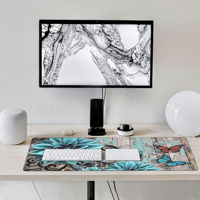 Blue Floral Butterfly Mouse PadDesk MatLarge Waterproof Non-Slip Rubber Mousepad with Stitched Edges Office Home Computer Desk Accessories35.4X15.7