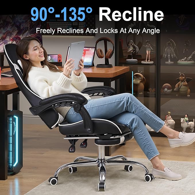 VECELO Ergonomic Gaming Chair with Footrest Comfy Recliner Computer Chair Swivel Seat Height Adjustable High Back PU Leather Lumbar Support Headrest for Adults Black