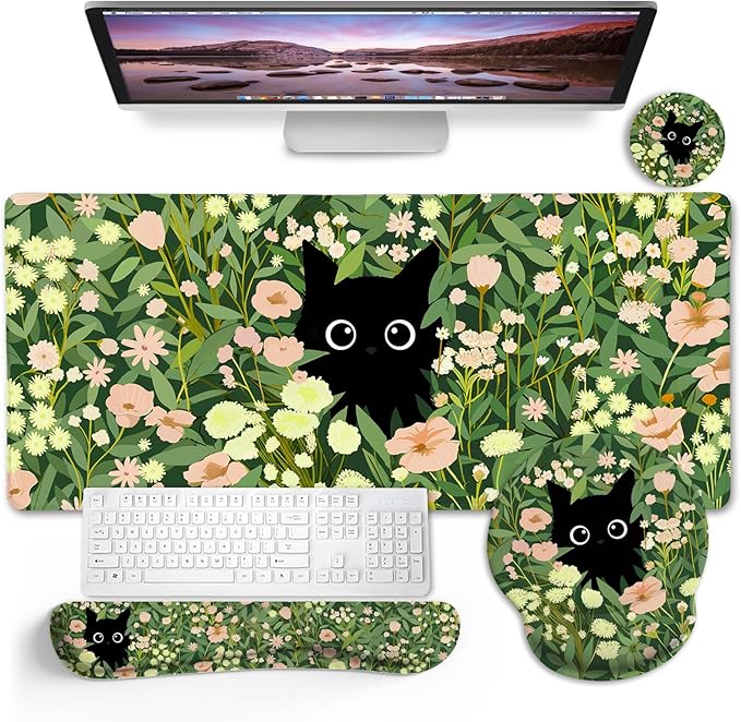 Blusabaca Black Cat Mouse Pad Desk Mat Large Gaming Mouse Pad with Wrist Rest Keyboard Pad Wrist Rest Cup Coaster Work Home Desk Accessories