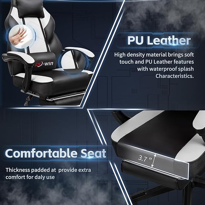 Video Gaming Chair for Adults Computer Chair with Footrest and Ergonomic High Back Big and Tall Gamer Chair with Massage Lumbar Support 360° Swivel Height Adjustable Computer Chair White
