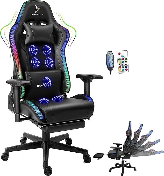 TBQATNTS RGB LED Light Ergonomic Gaming Chair - Built-in Speakers Full Body Massage High-Back Office Recliner with Footrest - Comfortable Computer Chair Ideal for Adults and Teens.Black