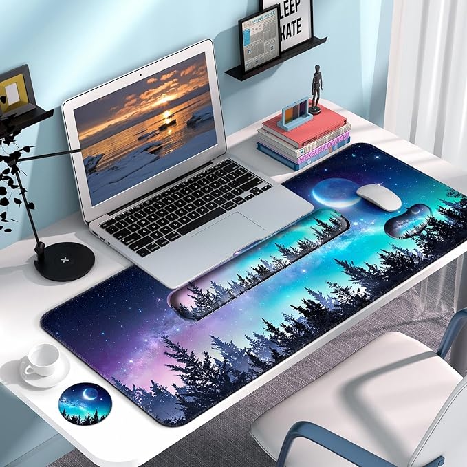 Keyboard Wrist Rest + Mouse Pad with Wrist Support + Desk Mat + Coaster 4 in 1 Set XXL Large Gaming Mousepad Cute Ergonomic Mouse Pads for Desk Computer Laptop Office Decor-Forest Moon
