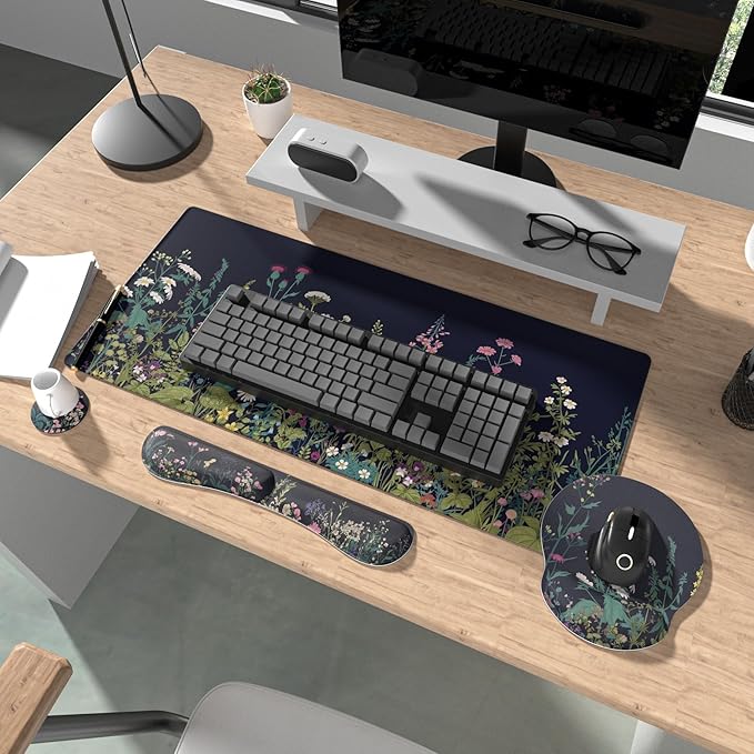 Ovenbird Mouse Pad Set 4-in-1 | Large Gaming Mousepad Keyboard Wrist Rest Mouse Wrist Support Coaster | Ergonomic Office Desk Mat Accessories for Women Men | 4PCS 35.4 x 15.7in Black Floral