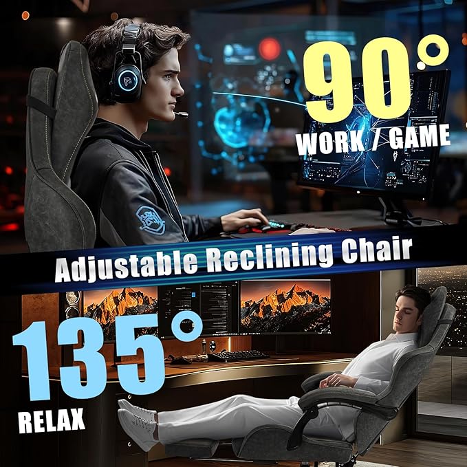 Gaming Chair Video Game Chairs with Large Headrest Linkage Armrests Retro PU Leather Ergonomic Computer Chair for Gaming or Office Grey