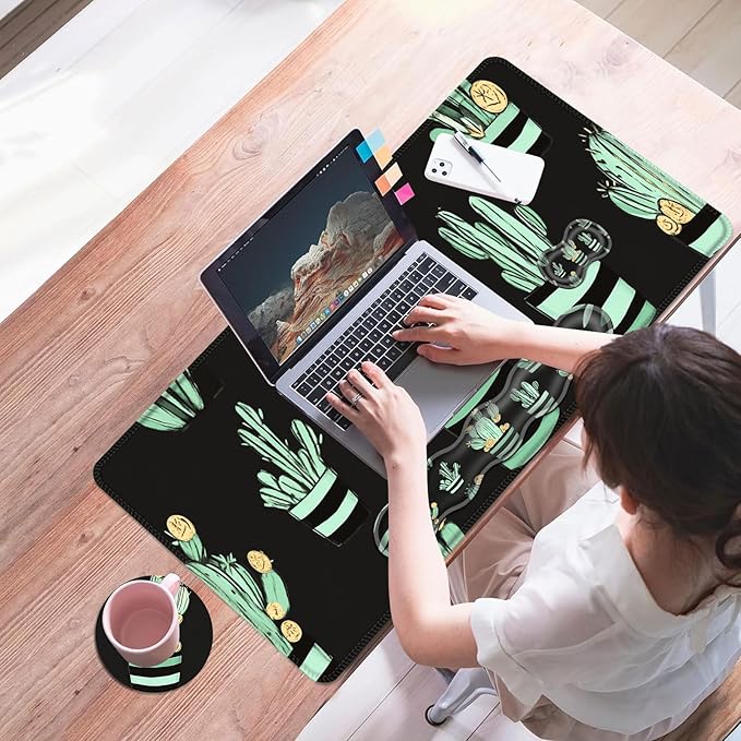Mouse PadLarge Desk Mat Set 4in1 XL Mousepad + Keyboard Wrist Rest+Mouse Wrist Rest+Coaster with Ergonomic Desk Pad for Home Office Table Computer Cover -Cactus Pattern