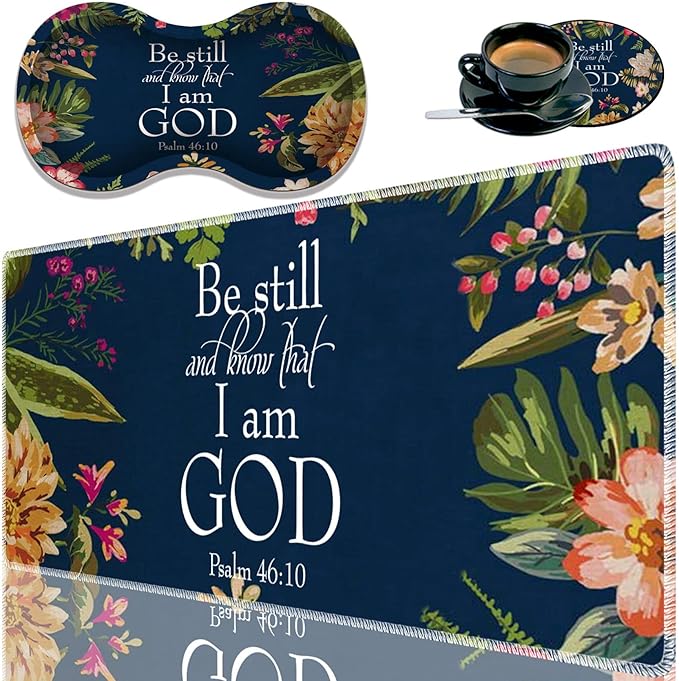 Durable Desk Mat + Wrist Rest Pad + Coasters Set Large Gaming Office Mouse Pad 31.5 x 11.8 Extended Non-Slip Rubber Keyboard Pad Laptop &amp Home Christian Psalm 46-10